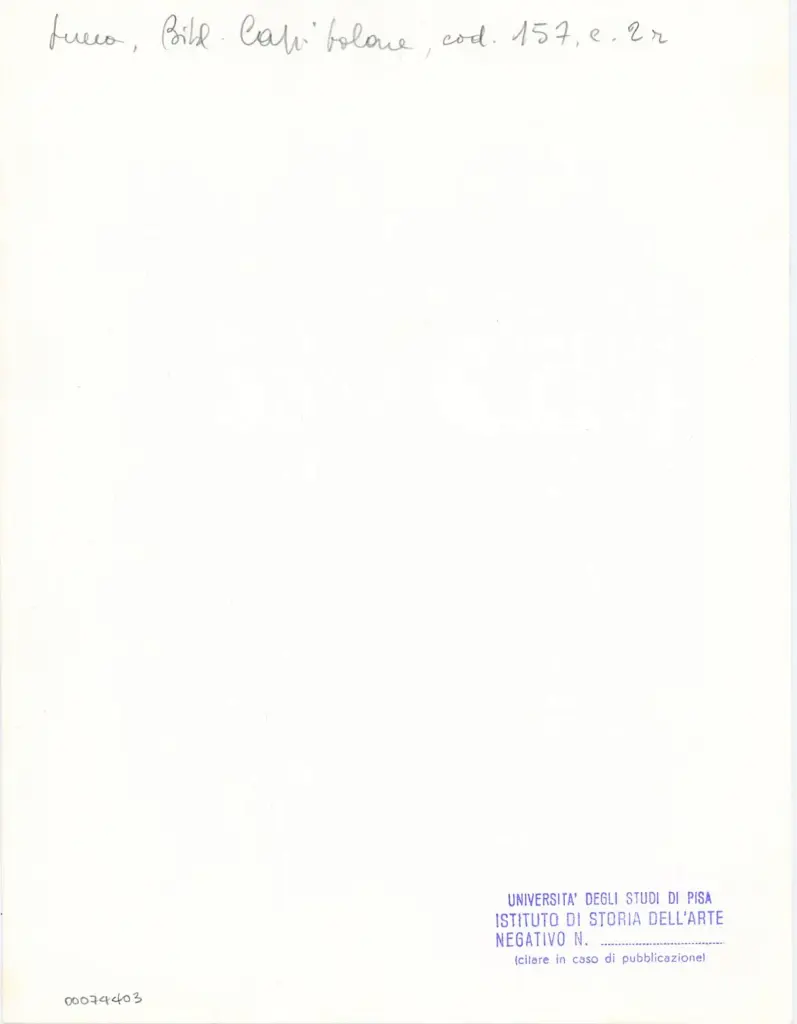 Universit&agrave; di Pisa. Dipartimento di Storia delle Arti , Anonimo italiano - post 1477 - Lucca, Biblioteca Capitolare Feliniana, Ms. 157, f. 2r, intero , retro