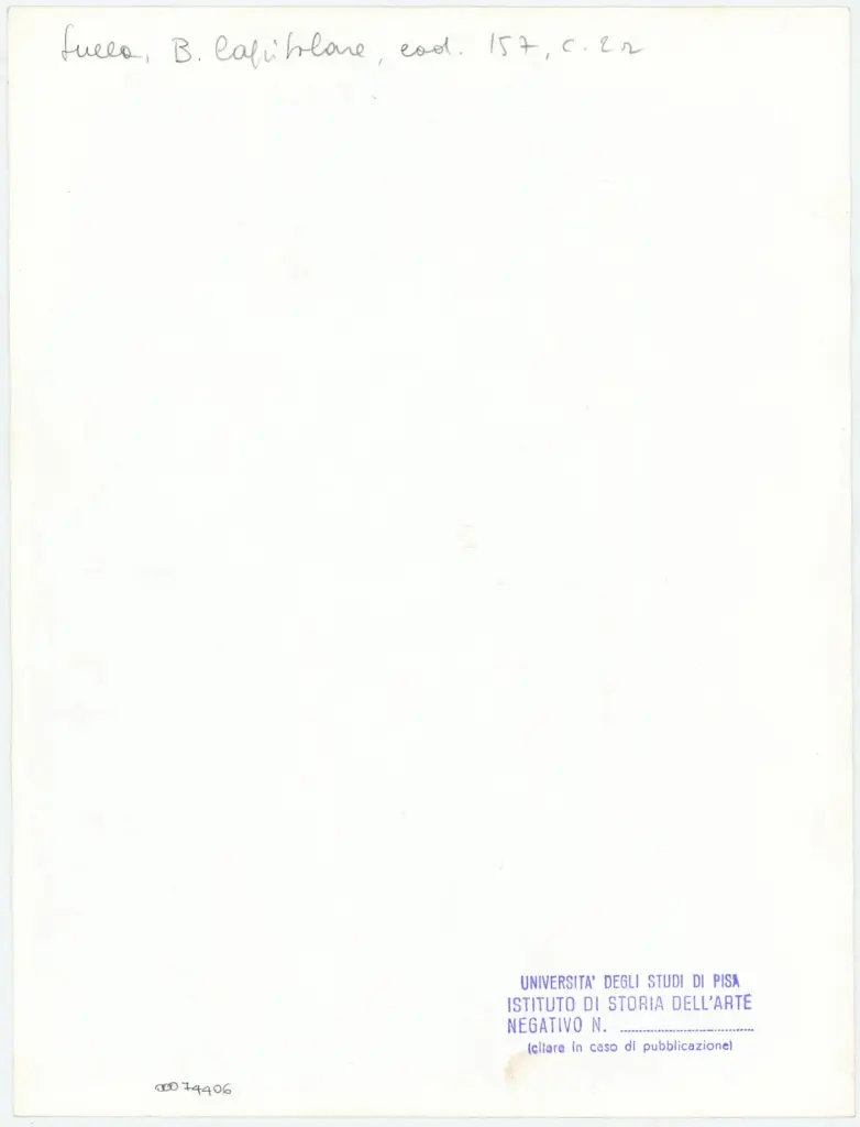 Universit&agrave; di Pisa. Dipartimento di Storia delle Arti , Anonimo italiano - post 1477 - Lucca, Biblioteca Capitolare Feliniana, Ms. 157, f. 2r, particolare , retro