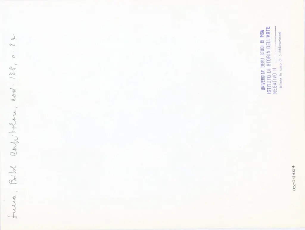 Universit&agrave; di Pisa. Dipartimento di Storia delle Arti , Anonimo italiano - sec. XIV, primo quarto - Lucca, Biblioteca Capitolare Feliniana, Ms. 138, f. 2r, particolare , retro