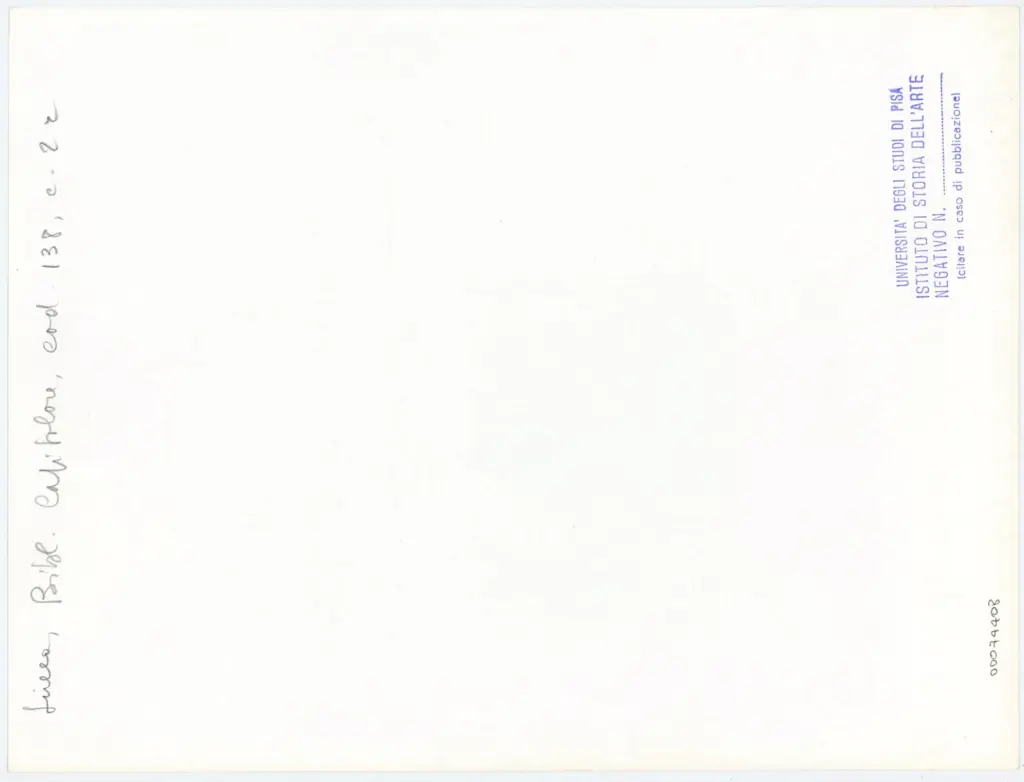 Universit&agrave; di Pisa. Dipartimento di Storia delle Arti , Anonimo italiano - sec. XIV, primo quarto - Lucca, Biblioteca Capitolare Feliniana, Ms. 138, f. 2r, particolare , retro