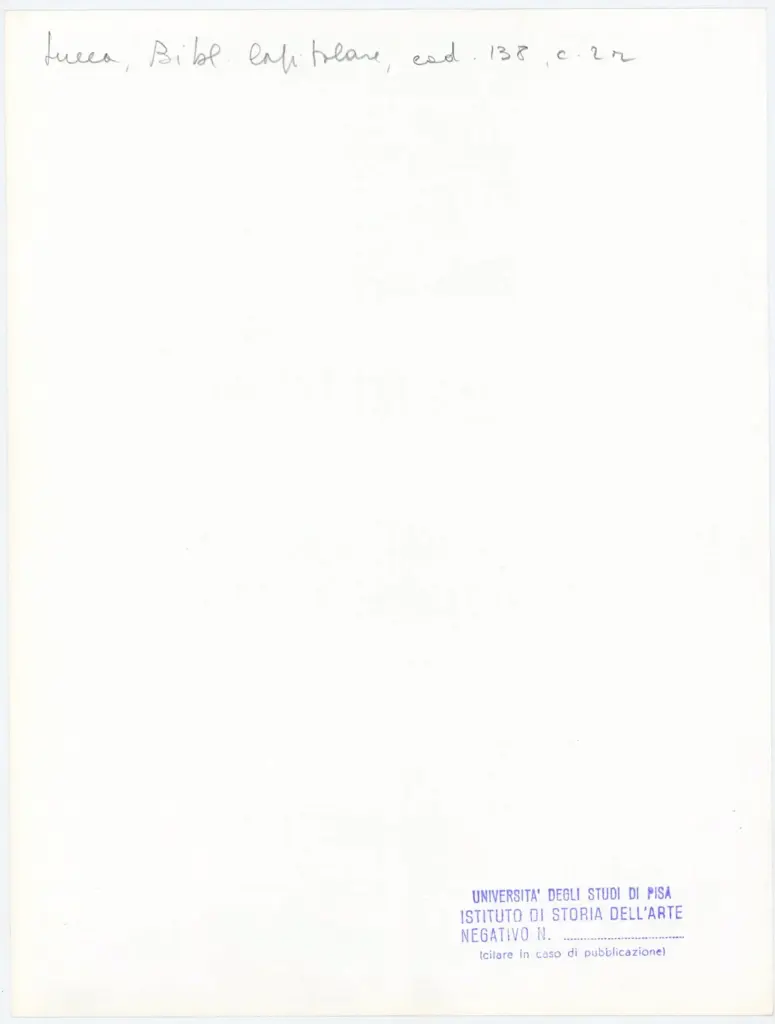 Universit&agrave; di Pisa. Dipartimento di Storia delle Arti , Anonimo italiano - sec. XIV, primo quarto - Lucca, Biblioteca Capitolare Feliniana, Ms. 138, f. 2r, particolare , retro