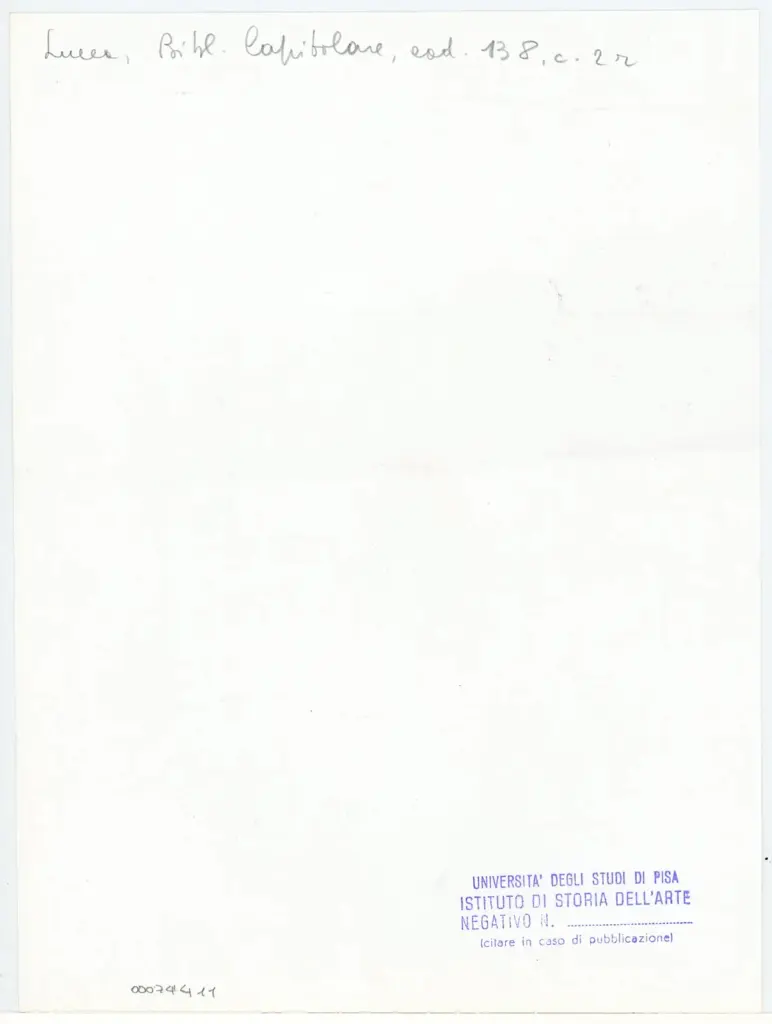 Universit&agrave; di Pisa. Dipartimento di Storia delle Arti , Anonimo italiano sec. XIV - sec. XIV, primo quarto - Lucca, Biblioteca Capitolare Feliniana, Ms. 138, f. 2r, particolare , retro