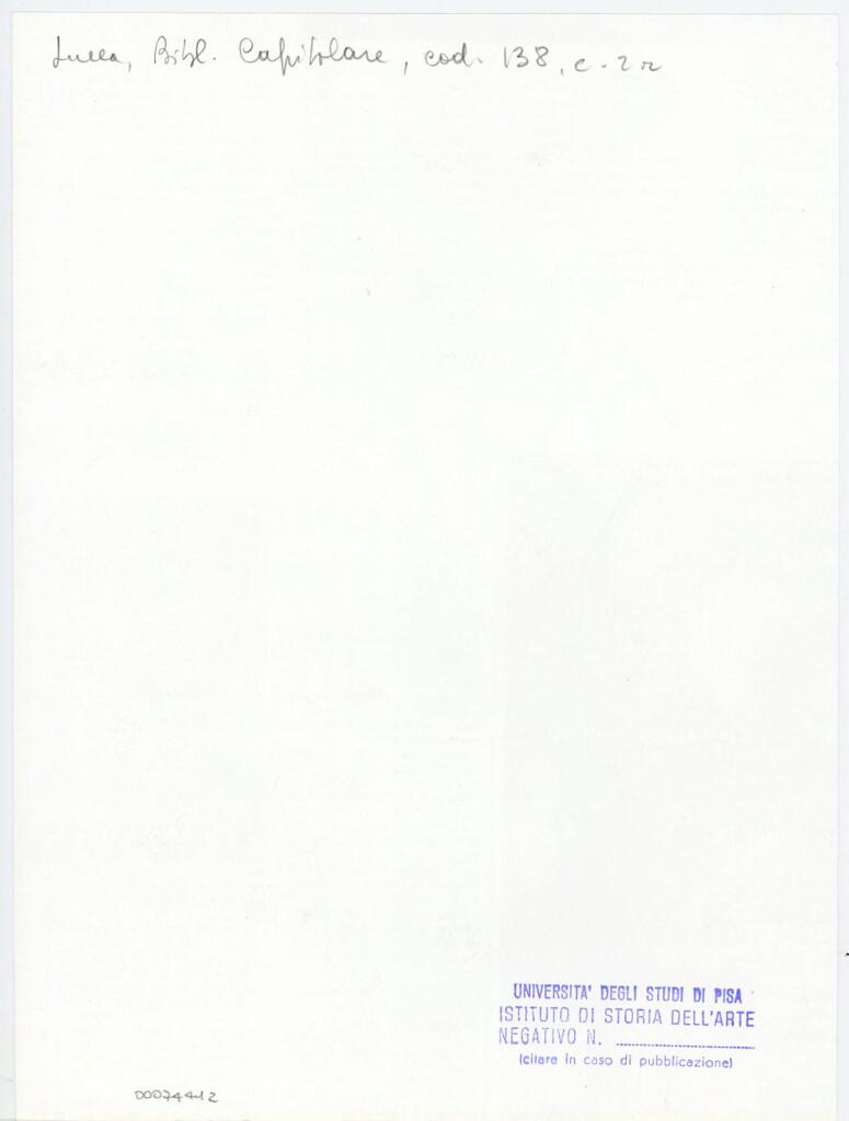 Università di Pisa. Dipartimento di Storia delle Arti , Anonimo italiano - sec. XIV, primo quarto - Lucca, Biblioteca Capitolare Feliniana, Ms. 138, f. 2r, particolare , retro