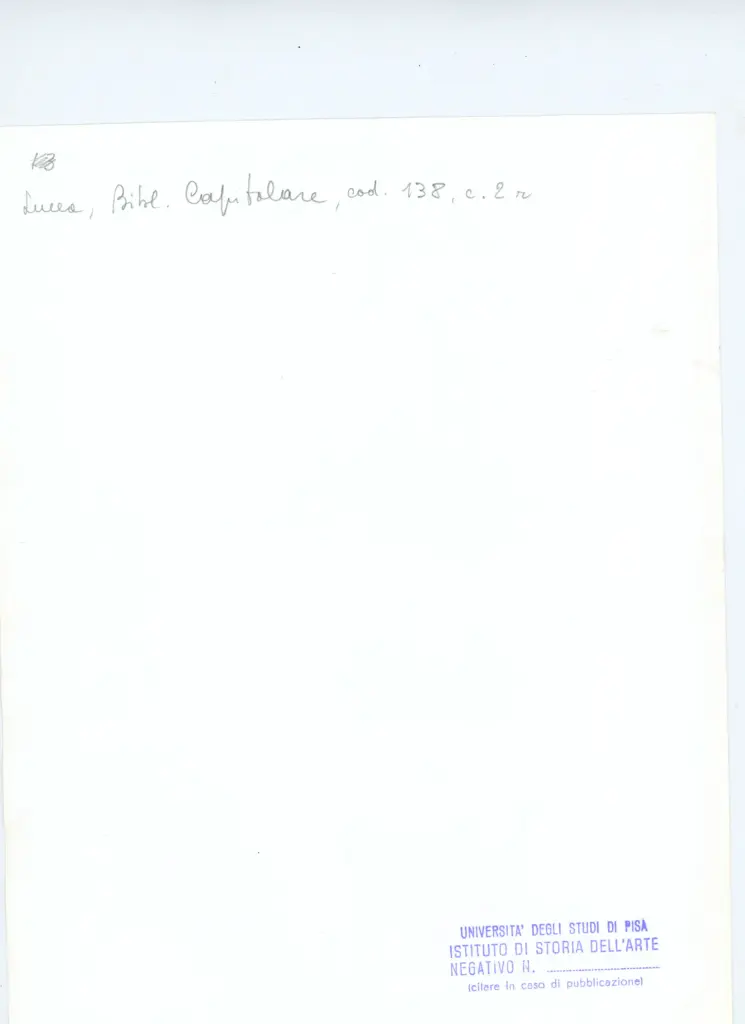 Universit&agrave; di Pisa. Dipartimento di Storia delle Arti , Anonimo italiano - sec. XIV, primo quarto - Lucca, Biblioteca Capitolare Feliniana, Ms. 138, f. 2r, intero , retro