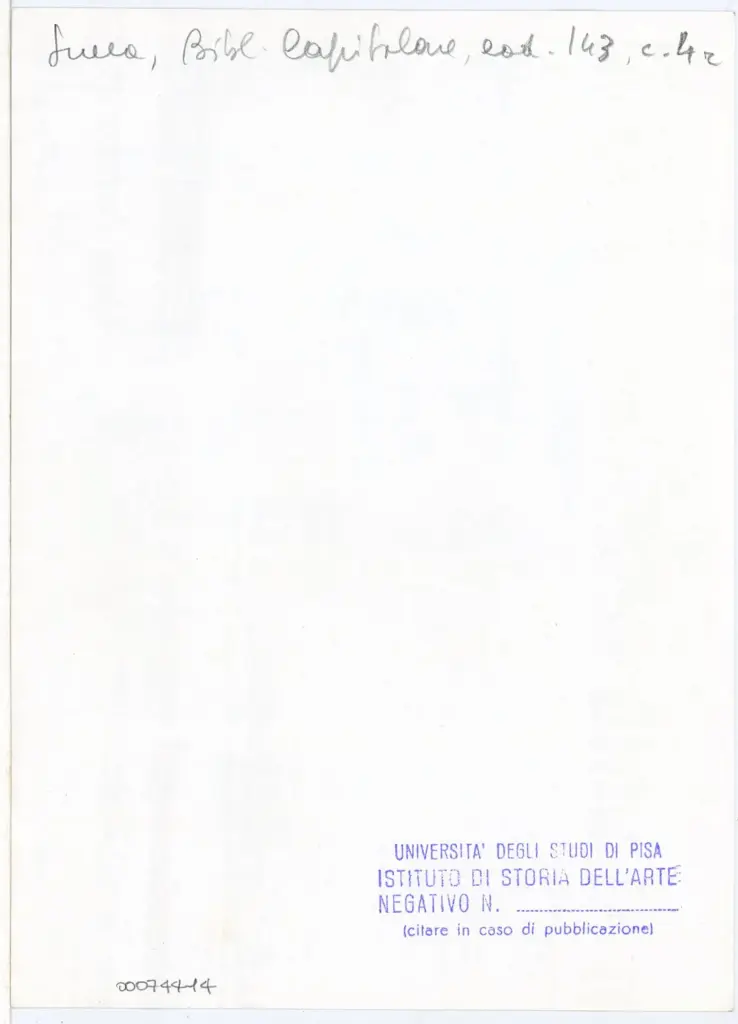 Universit&agrave; di Pisa. Dipartimento di Storia delle Arti , Anonimo italiano - sec. XIV, inizio - Lucca, Biblioteca Capitolare Feliniana, Ms. 143, f. 4r, particolare , retro