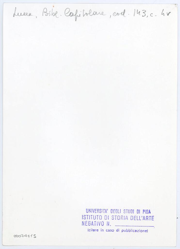 Università di Pisa. Dipartimento di Storia delle Arti , Anonimo italiano - sec. XIV, inizio - Lucca, Biblioteca Capitolare Feliniana, Ms. 143, f. 4v, particolare , retro
