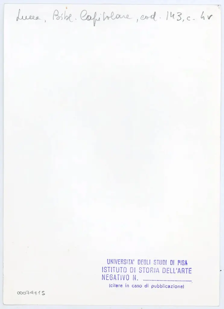 Università di Pisa. Dipartimento di Storia delle Arti , Anonimo italiano - sec. XIV, inizio - Lucca, Biblioteca Capitolare Feliniana, Ms. 143, f. 4v, particolare , retro