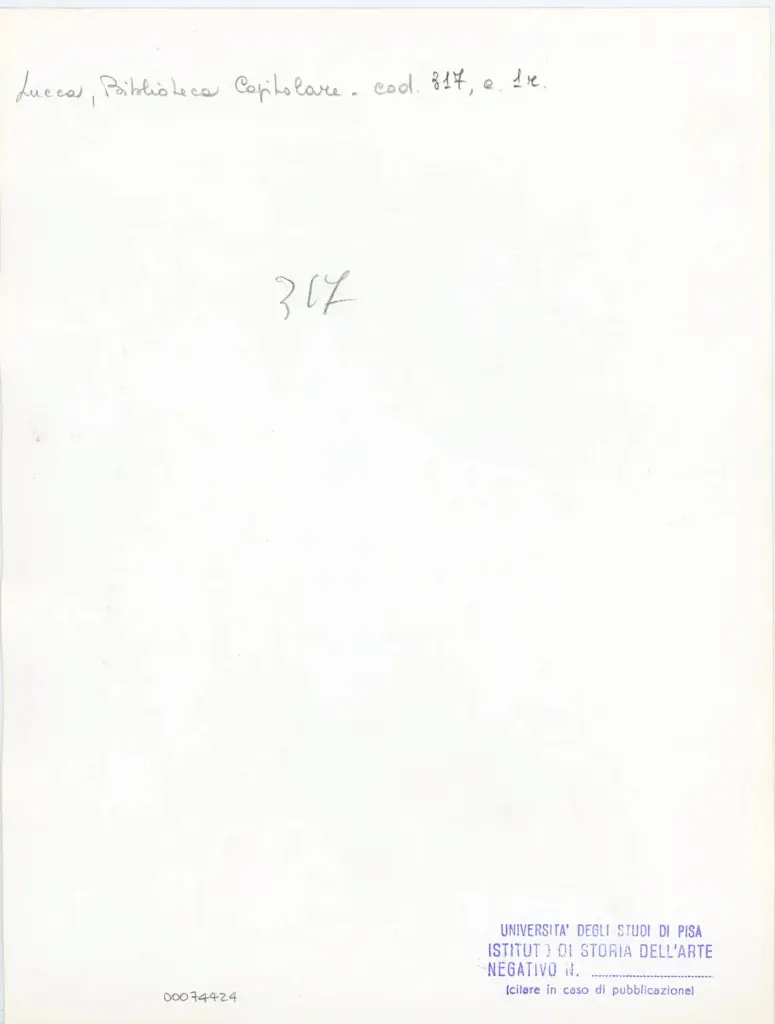Universit&agrave; di Pisa. Dipartimento di Storia delle Arti , Anonimo italiano - sec. XIII/ XIV - Lucca, Biblioteca Capitolare Feliniana, Ms. 317, f. 1r, intero , retro
