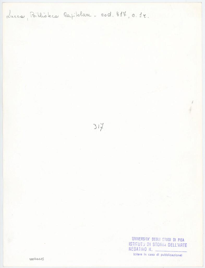 Università di Pisa. Dipartimento di Storia delle Arti , Anonimo italiano - sec. XIII/ XIV - Lucca, Biblioteca Capitolare Feliniana, Ms. 317, f. 1r, particolare , retro