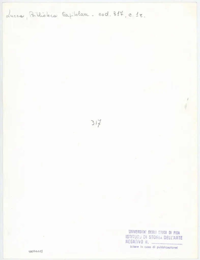 Universit&agrave; di Pisa. Dipartimento di Storia delle Arti , Anonimo italiano - sec. XIII/ XIV - Lucca, Biblioteca Capitolare Feliniana, Ms. 317, f. 1r, particolare , retro