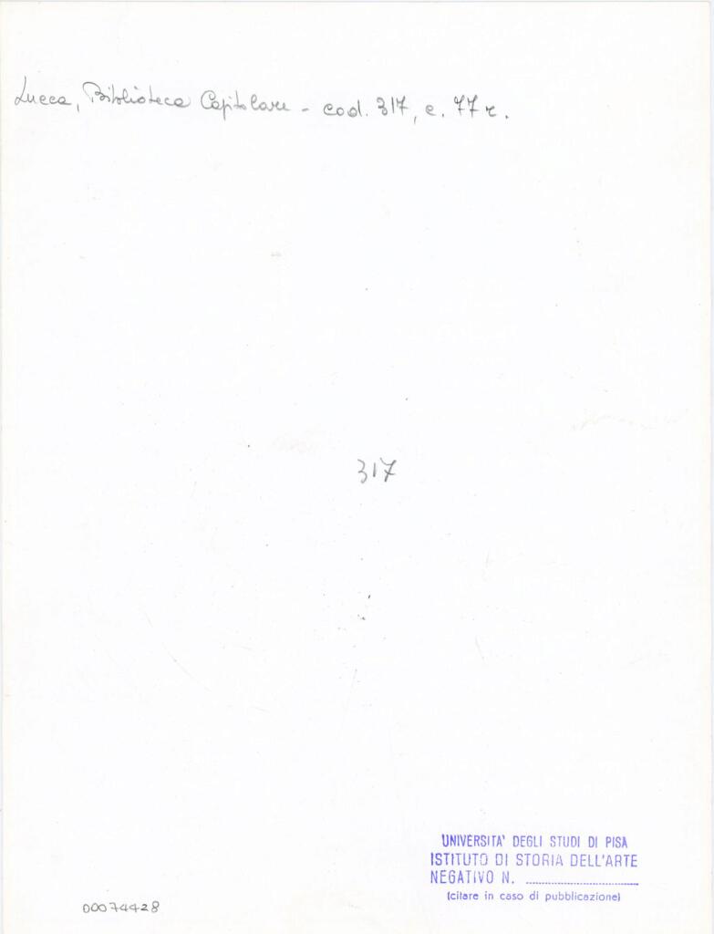 Università di Pisa. Dipartimento di Storia delle Arti , Anonimo italiano - sec. XIII/ XIV - Lucca, Biblioteca Capitolare Feliniana, Ms. 317, f. 77r, particolare , retro
