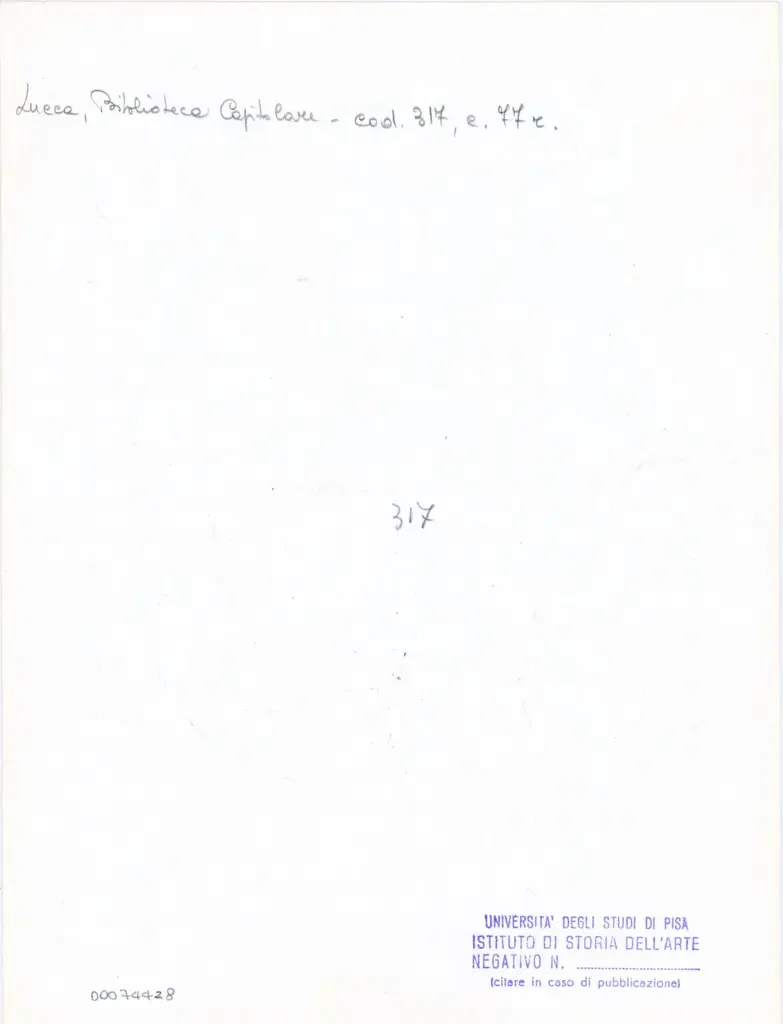 Universit&agrave; di Pisa. Dipartimento di Storia delle Arti , Anonimo italiano - sec. XIII/ XIV - Lucca, Biblioteca Capitolare Feliniana, Ms. 317, f. 77r, particolare , retro