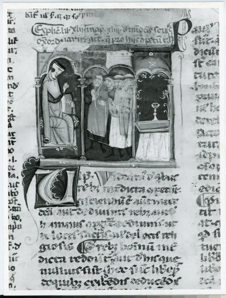 Anonimo italiano sec. XIII/XIV , Scena, Architettura religiosa, Figura maschile con libro, Chierici, Iniziale U, Iniziale decorata, Motivi decorativi fitomorfi