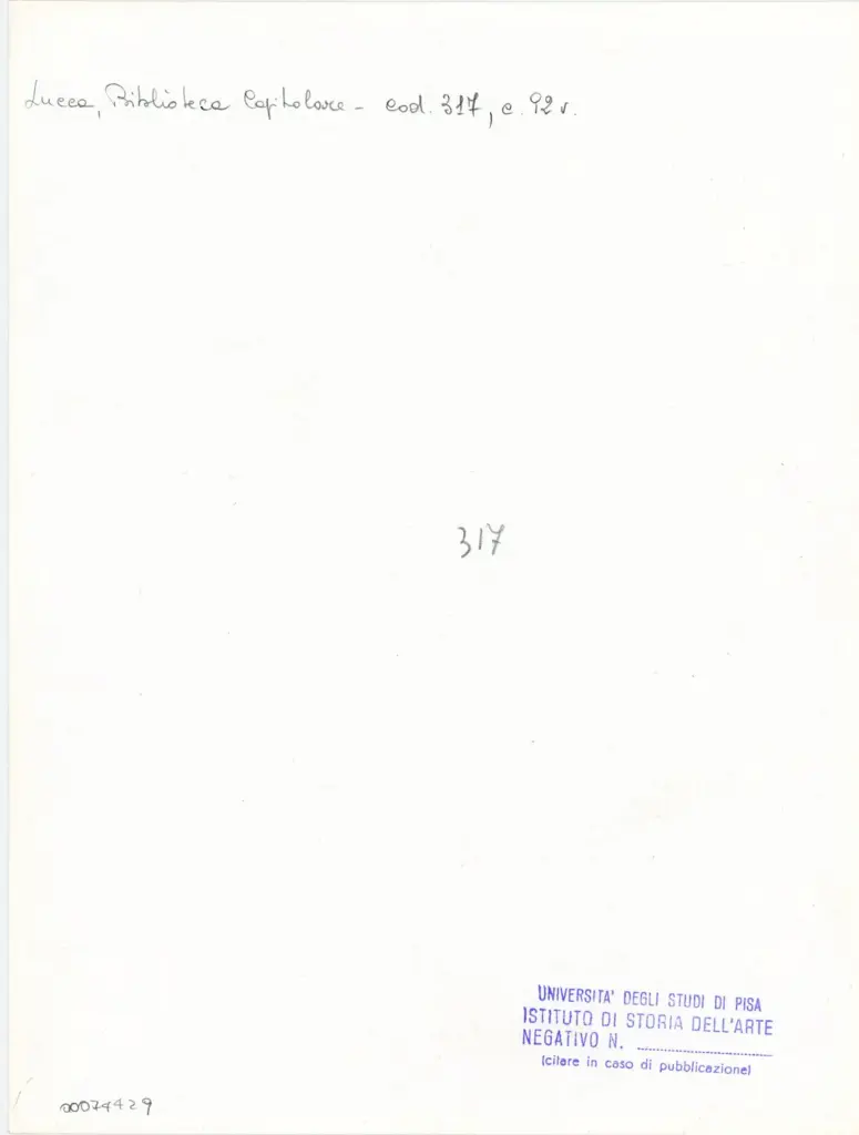 Universit&agrave; di Pisa. Dipartimento di Storia delle Arti , Anonimo italiano - sec. XIII/ XIV - Lucca, Biblioteca Capitolare Feliniana, Ms. 317, f. 92v, particolare , retro
