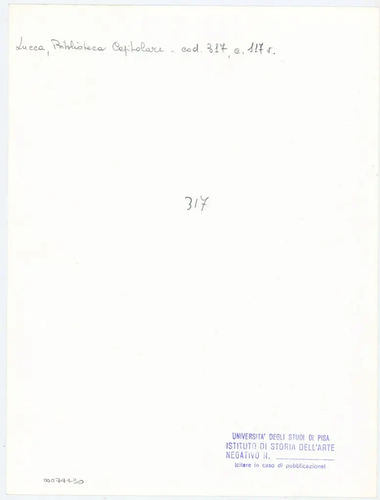 Universit&agrave; di Pisa. Dipartimento di Storia delle Arti , Anonimo italiano - sec. XIII/ XIV - Lucca, Biblioteca Capitolare Feliniana, Ms. 317, f. 117v, particolare , retro