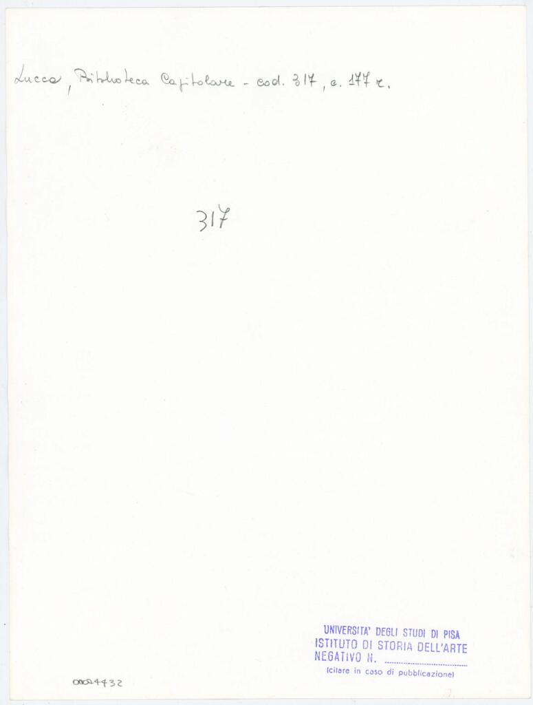 Università di Pisa. Dipartimento di Storia delle Arti , Anonimo italiano - sec. XIII/ XIV - Lucca, Biblioteca Capitolare Feliniana, Ms. 317, f. 177r, particolare , retro