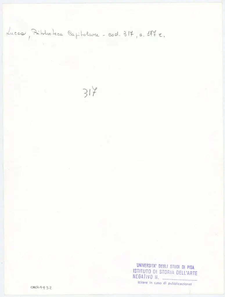 Universit&agrave; di Pisa. Dipartimento di Storia delle Arti , Anonimo italiano - sec. XIII/ XIV - Lucca, Biblioteca Capitolare Feliniana, Ms. 317, f. 177r, particolare , retro