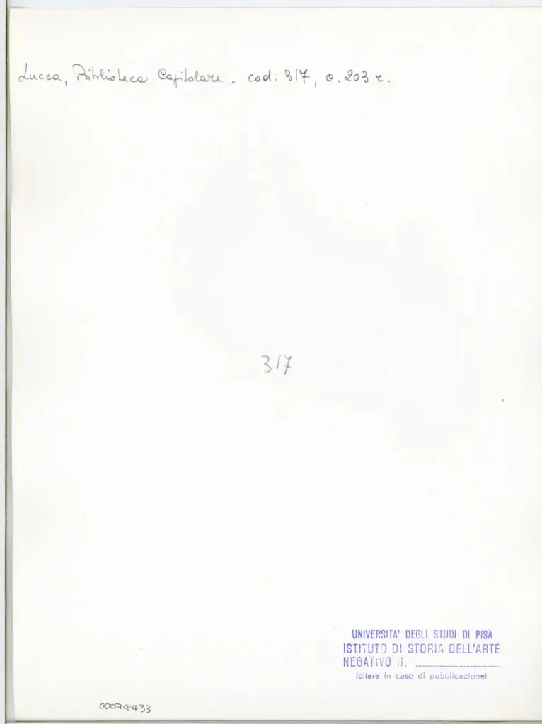 Universit&agrave; di Pisa. Dipartimento di Storia delle Arti , Anonimo italiano - sec. XIII/ XIV - Lucca, Biblioteca Capitolare Feliniana, Ms. 317, f. 203r, particolare , retro