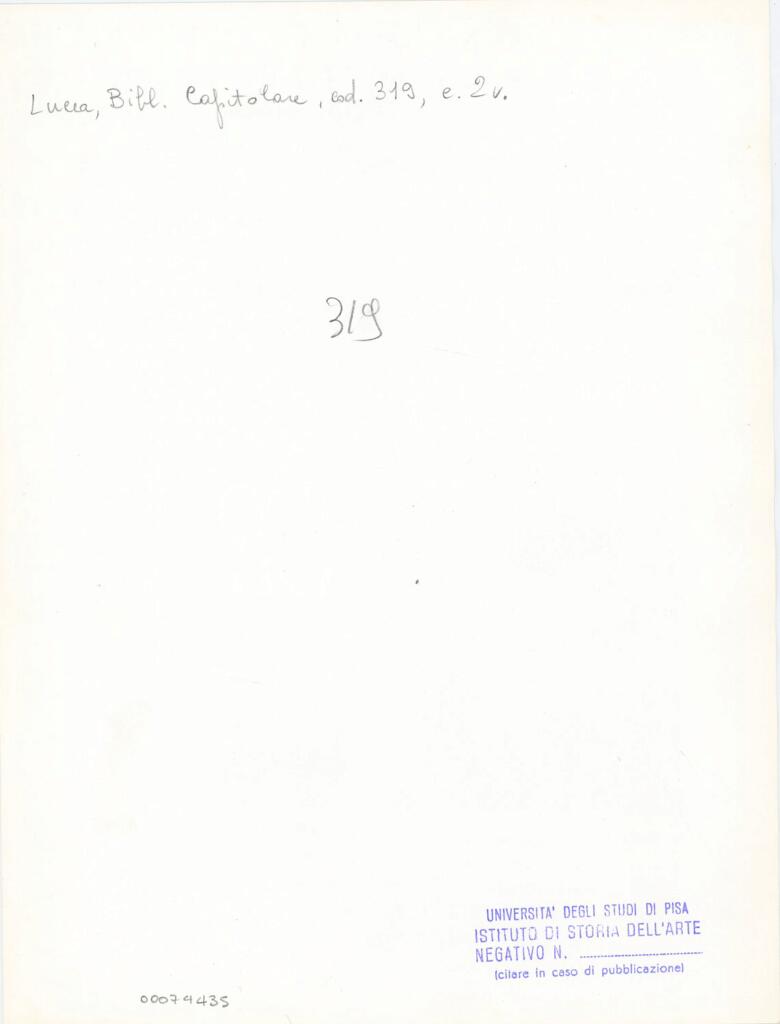 Università di Pisa. Dipartimento di Storia delle Arti , Anonimo italiano - sec. XIII, fine - Lucca, Biblioteca Capitolare Feliniana, Ms. 319, f. 2v, particolare , retro