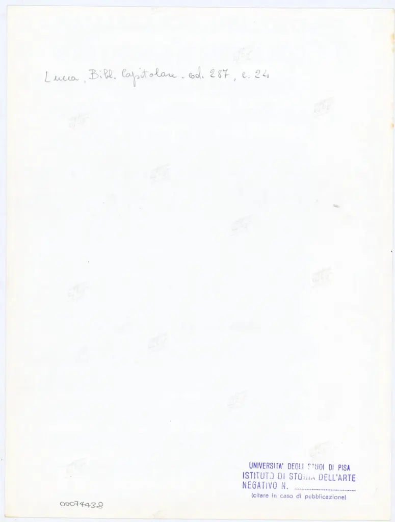 Universit&agrave; di Pisa. Dipartimento di Storia delle Arti , Anonimo italiano - sec. XIII/ XIV - Lucca, Biblioteca Capitolare Feliniana, Ms. 287, f. 24r, particolare , retro