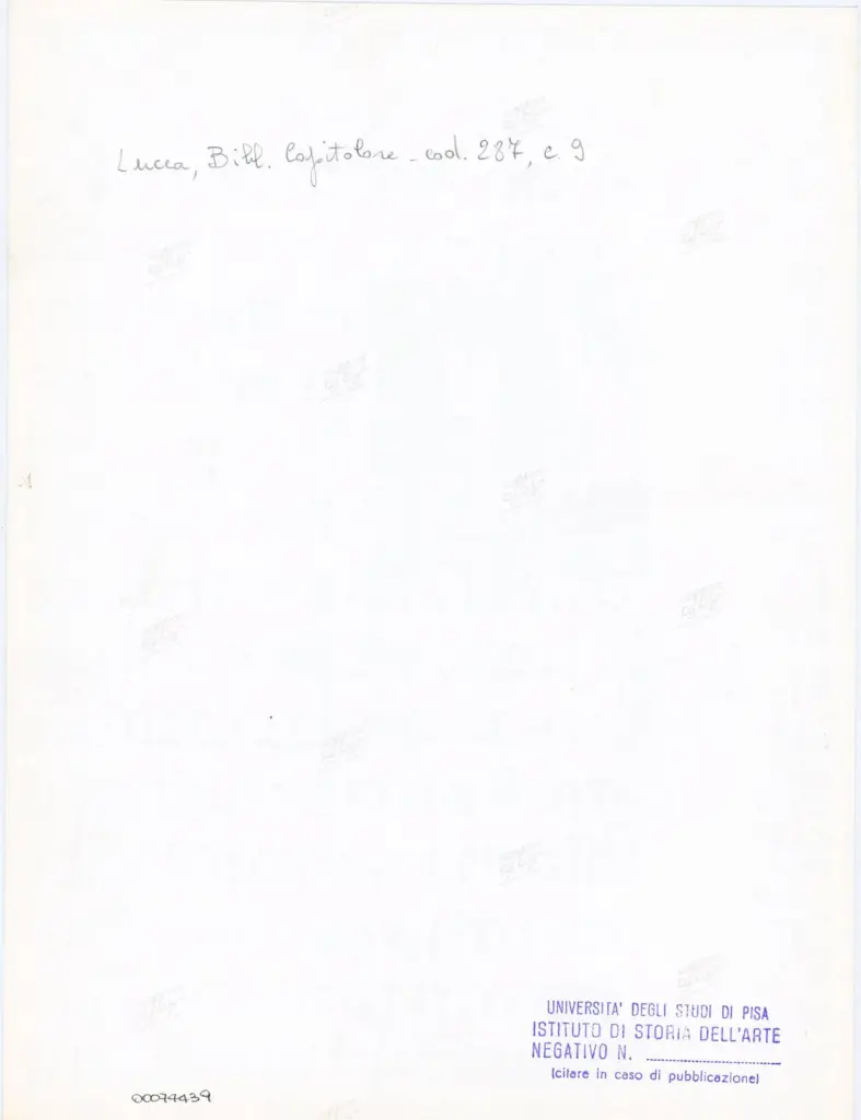 Universit&agrave; di Pisa. Dipartimento di Storia delle Arti , Anonimo italiano - sec. XIII/ XIV - Lucca, Biblioteca Capitolare Feliniana, Ms. 287, f. 9r, particolare , retro