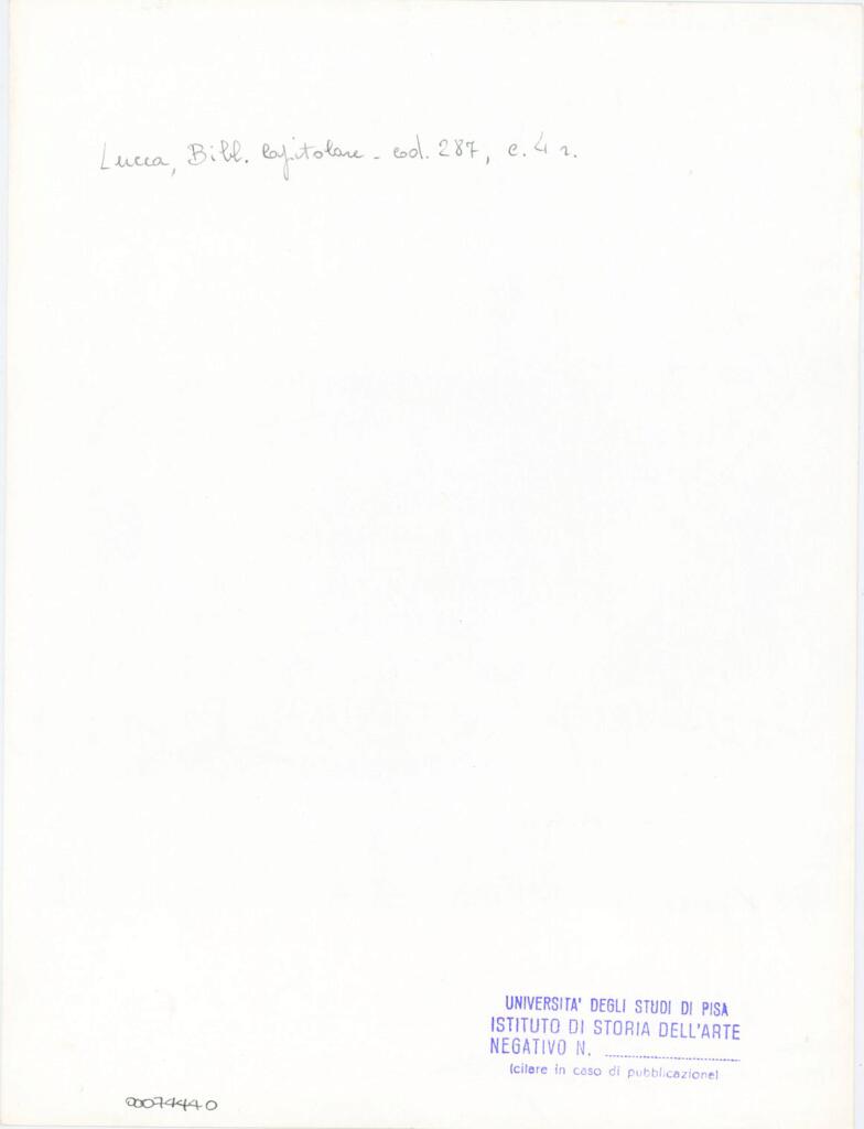 Università di Pisa. Dipartimento di Storia delle Arti , Anonimo italiano - sec. XIII/ XIV - Lucca, Biblioteca Capitolare Feliniana, Ms. 287, f. 4r, particolare , retro