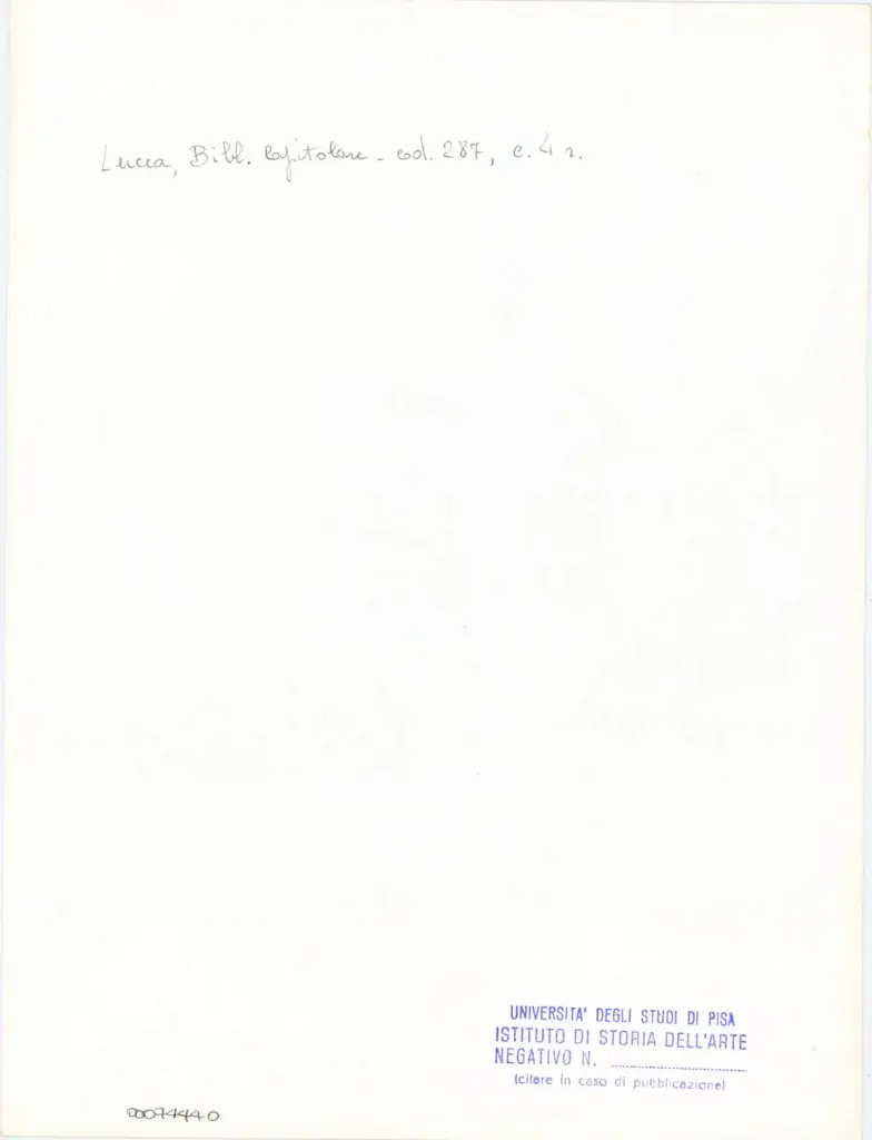 Universit&agrave; di Pisa. Dipartimento di Storia delle Arti , Anonimo italiano - sec. XIII/ XIV - Lucca, Biblioteca Capitolare Feliniana, Ms. 287, f. 4r, particolare , retro