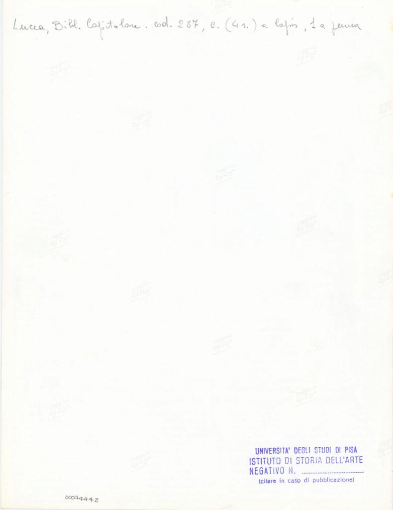 Università di Pisa. Dipartimento di Storia delle Arti , Anonimo italiano - sec. XIII/ XIV - Lucca, Biblioteca Capitolare Feliniana, Ms. 287, f. 4r, intero , retro