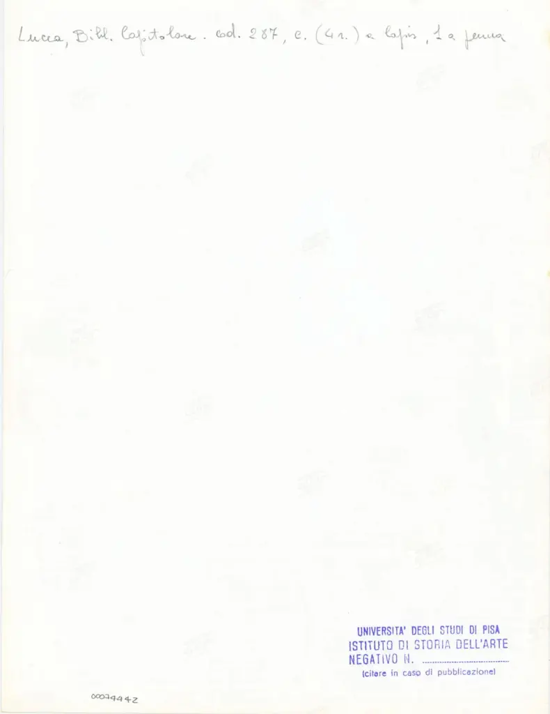 Universit&agrave; di Pisa. Dipartimento di Storia delle Arti , Anonimo italiano - sec. XIII/ XIV - Lucca, Biblioteca Capitolare Feliniana, Ms. 287, f. 4r, intero , retro