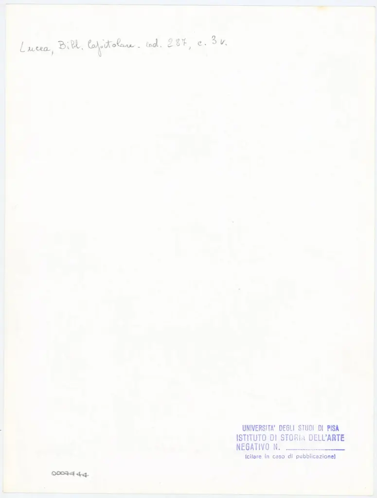 Universit&agrave; di Pisa. Dipartimento di Storia delle Arti , Anonimo italiano - sec. XIII/ XIV - Lucca, Biblioteca Capitolare Feliniana, Ms. 287, f. 3v, particolare , retro
