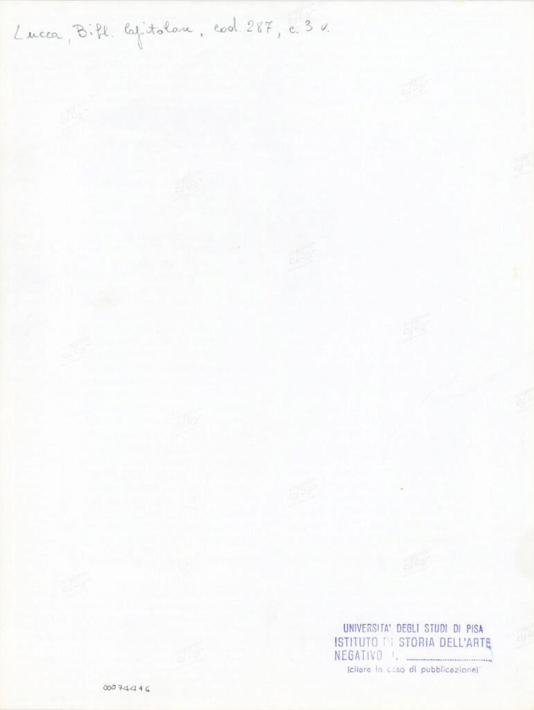 Università di Pisa. Dipartimento di Storia delle Arti , Anonimo italiano - sec. XIII/ XIV - Lucca, Biblioteca Capitolare Feliniana, Ms. 287, f. 3v, intero , retro