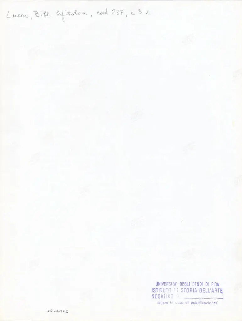 Universit&agrave; di Pisa. Dipartimento di Storia delle Arti , Anonimo italiano - sec. XIII/ XIV - Lucca, Biblioteca Capitolare Feliniana, Ms. 287, f. 3v, intero , retro