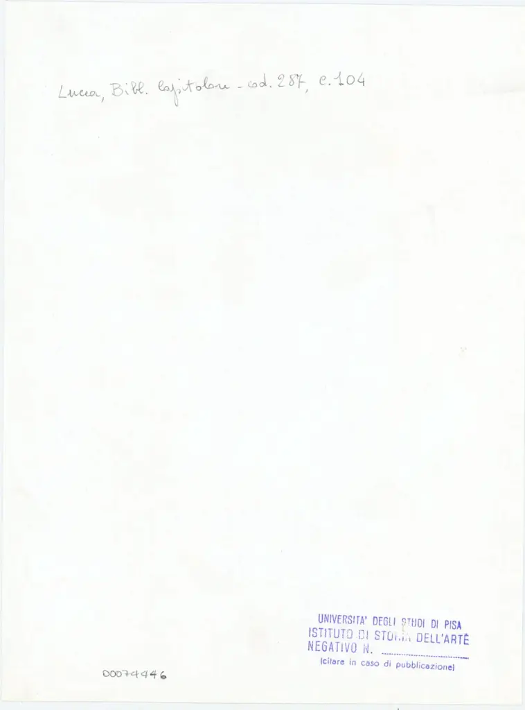 Universit&agrave; di Pisa. Dipartimento di Storia delle Arti , Anonimo italiano - sec. XIII/ XIV - Lucca, Biblioteca Capitolare Feliniana, Ms. 287, f. 104r, particolare , retro