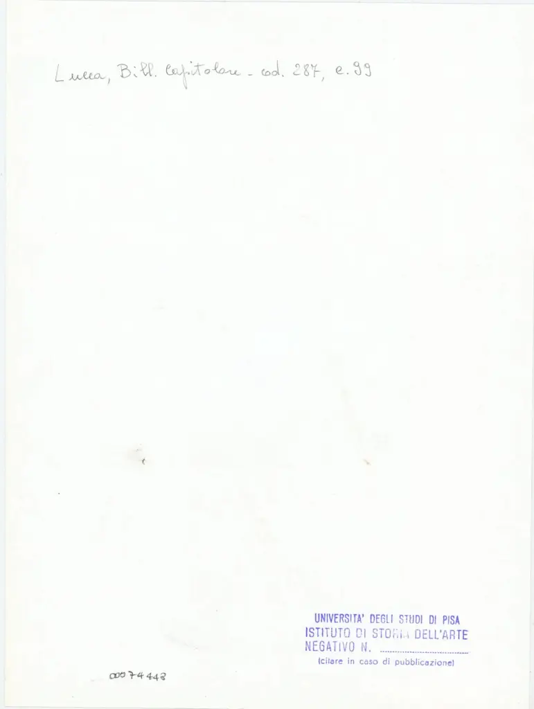 Universit&agrave; di Pisa. Dipartimento di Storia delle Arti , Anonimo italiano - sec. XIII/ XIV - Lucca, Biblioteca Capitolare Feliniana, Ms. 287, f. 99r, particolare , retro