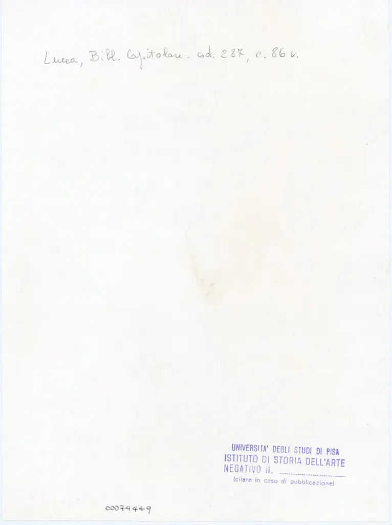 Universit&agrave; di Pisa. Dipartimento di Storia delle Arti , Anonimo italiano - sec. XIII/ XIV - Lucca, Biblioteca Capitolare Feliniana, Ms. 287, f. 86v, particolare , retro