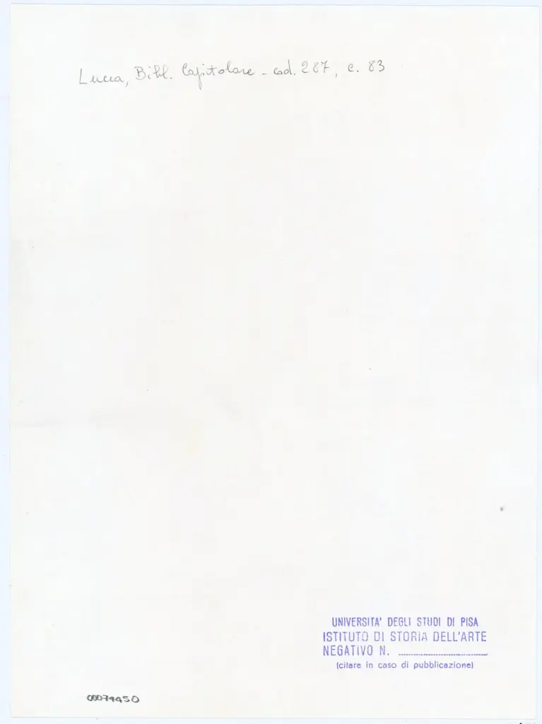 Universit&agrave; di Pisa. Dipartimento di Storia delle Arti , Anonimo italiano - sec. XIII/ XIV - Lucca, Biblioteca Capitolare Feliniana, Ms. 287, f. 83r, particolare , retro