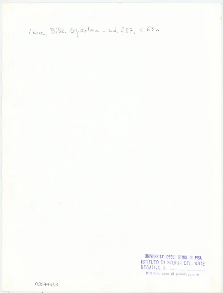 Universit&agrave; di Pisa. Dipartimento di Storia delle Arti , Anonimo italiano - sec. XIII/ XIV - Lucca, Biblioteca Capitolare Feliniana, Ms. 287, f. 63v, particolare , retro