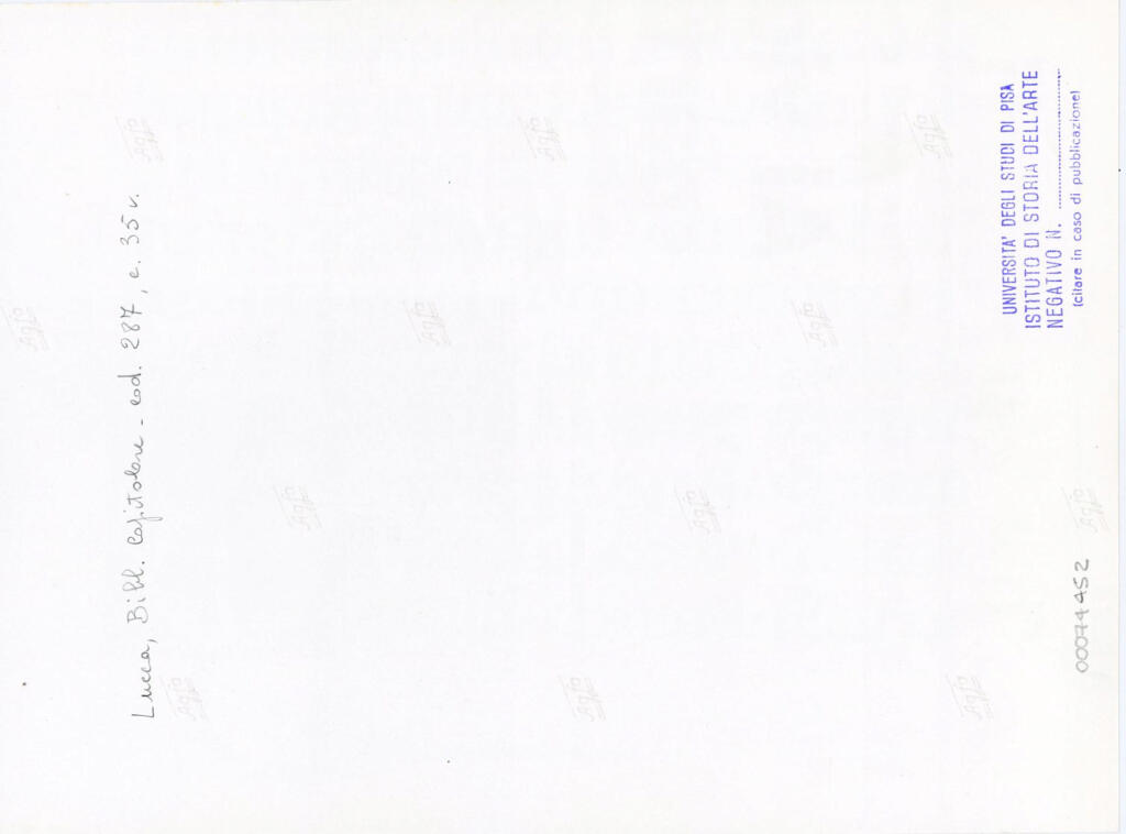 Università di Pisa. Dipartimento di Storia delle Arti , Anonimo italiano - sec. XIII/ XIV - Lucca, Biblioteca Capitolare Feliniana, Ms. 287, f. 35v, particolare , retro