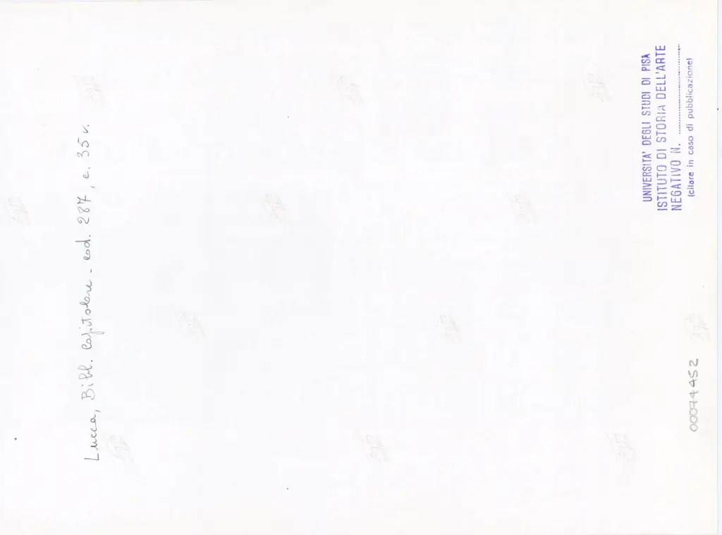 Universit&agrave; di Pisa. Dipartimento di Storia delle Arti , Anonimo italiano - sec. XIII/ XIV - Lucca, Biblioteca Capitolare Feliniana, Ms. 287, f. 35v, particolare , retro