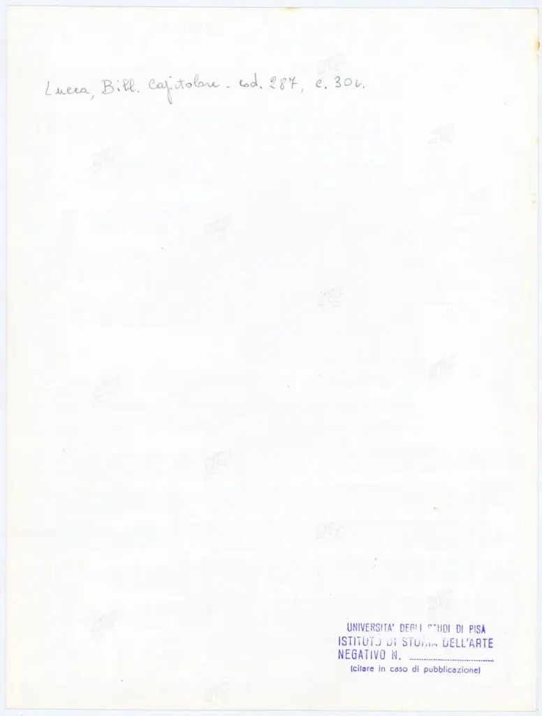 Universit&agrave; di Pisa. Dipartimento di Storia delle Arti , Anonimo italiano - sec. XIII/ XIV - Lucca, Biblioteca Capitolare Feliniana, Ms. 287, f. 30v, particolare , retro