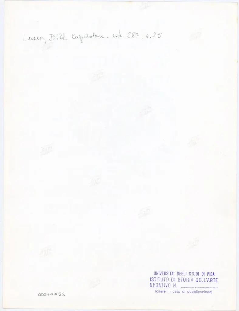 Università di Pisa. Dipartimento di Storia delle Arti , Anonimo italiano - sec. XIII/ XIV - Lucca, Biblioteca Capitolare Feliniana, Ms. 287, f. 25r, particolare , retro