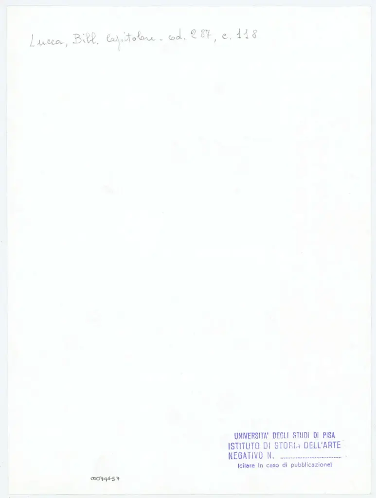 Università di Pisa. Dipartimento di Storia delle Arti , Anonimo italiano - sec. XIII/ XIV - Lucca, Biblioteca Capitolare Feliniana, Ms. 287, f. 118r, particolare , retro