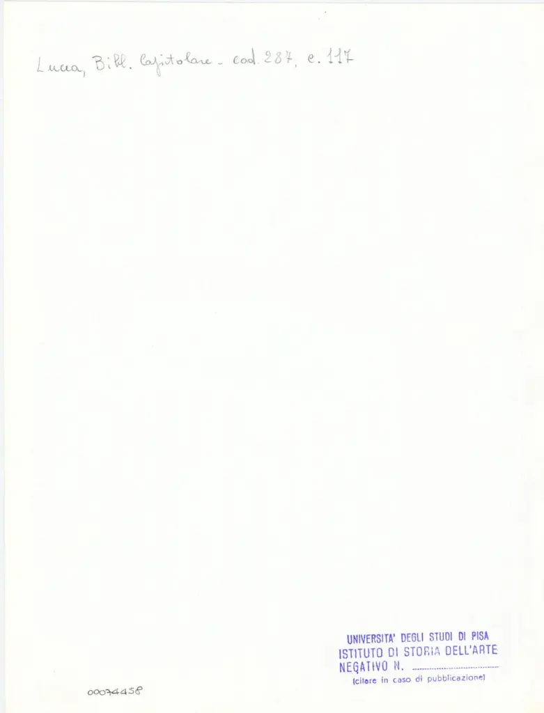 Universit&agrave; di Pisa. Dipartimento di Storia delle Arti , Anonimo italiano - sec. XIII/ XIV - Lucca, Biblioteca Capitolare Feliniana, Ms. 287, f. 117r, particolare , retro
