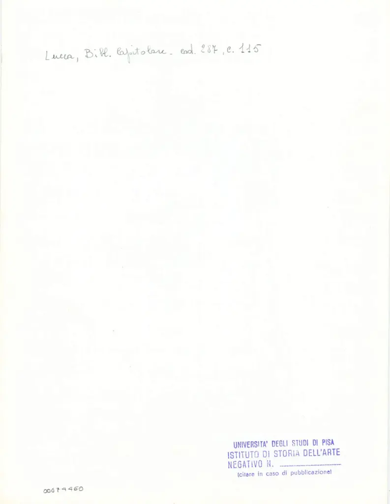 Universit&agrave; di Pisa. Dipartimento di Storia delle Arti , Anonimo italiano - sec. XIII/ XIV - Lucca, Biblioteca Capitolare Feliniana, Ms. 287, f. 115r, particolare , retro
