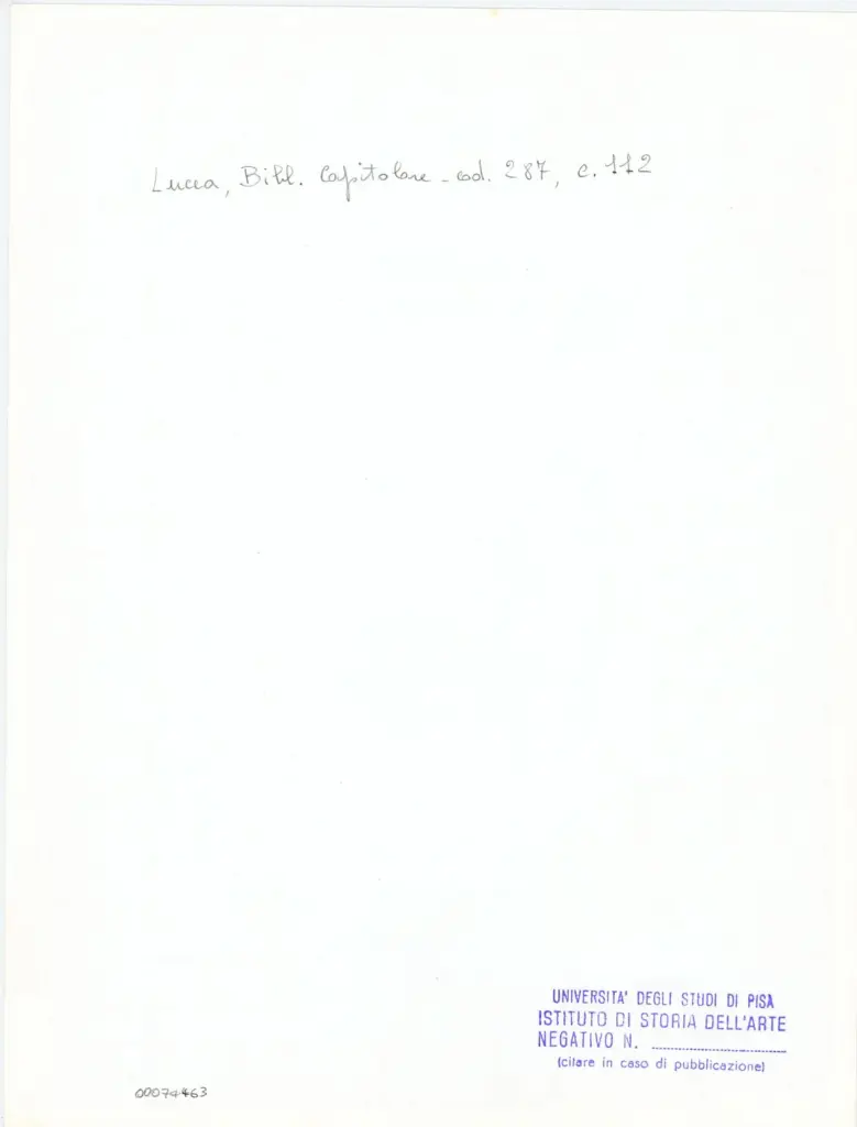 Universit&agrave; di Pisa. Dipartimento di Storia delle Arti , Anonimo italiano - sec. XIII/ XIV - Lucca, Biblioteca Capitolare Feliniana, Ms. 287, f. 112r, particolare , retro