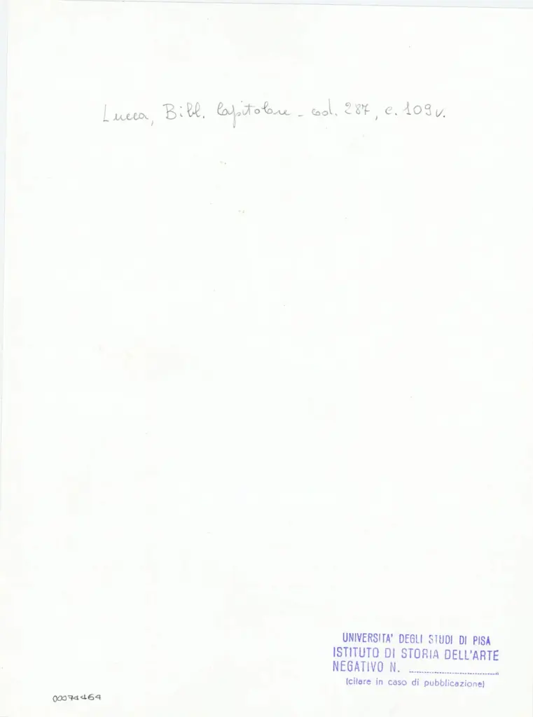 Universit&agrave; di Pisa. Dipartimento di Storia delle Arti , Anonimo italiano - sec. XIII/ XIV - Lucca, Biblioteca Capitolare Feliniana, Ms. 287, f. 109v, particolare , retro