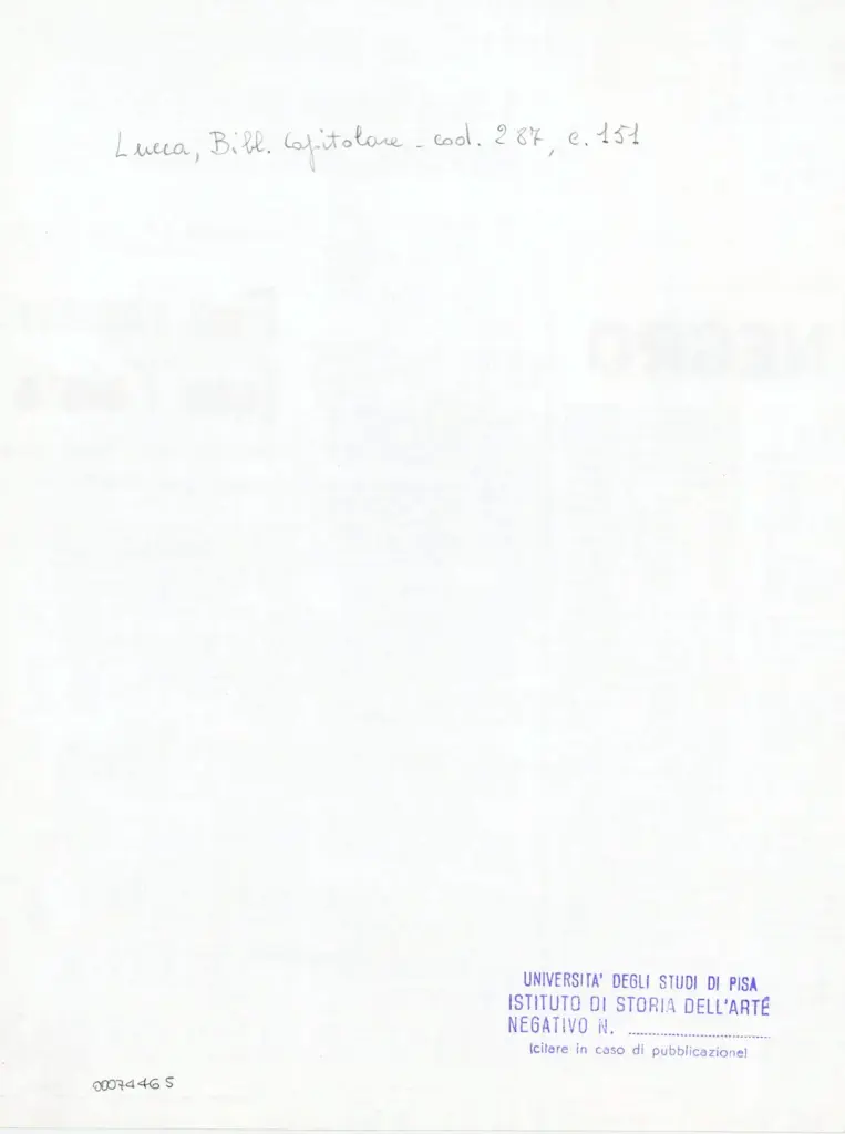 Universit&agrave; di Pisa. Dipartimento di Storia delle Arti , Anonimo italiano - sec. XIII/ XIV - Lucca, Biblioteca Capitolare Feliniana, Ms. 287, f. 151r, particolare , retro