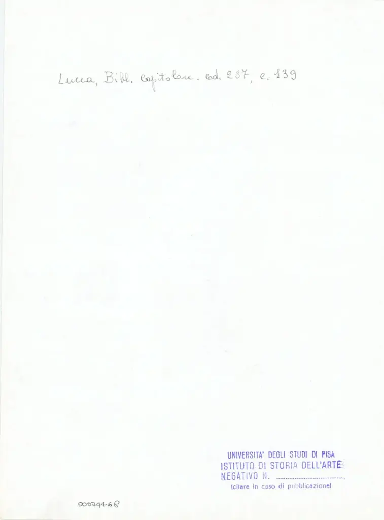 Universit&agrave; di Pisa. Dipartimento di Storia delle Arti , Anonimo italiano - sec. XIII/ XIV - Lucca, Biblioteca Capitolare Feliniana, Ms. 287, f. 139r, particolare , retro