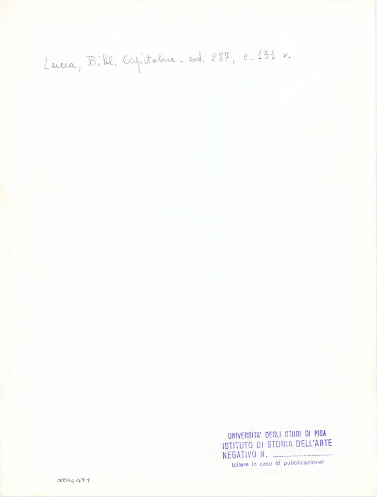 Università di Pisa. Dipartimento di Storia delle Arti , Anonimo italiano - sec. XIII/ XIV - Lucca, Biblioteca Capitolare Feliniana, Ms. 287, f. 131v, particolare , retro