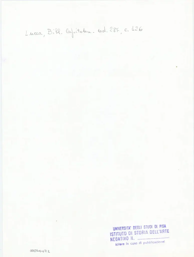 Universit&agrave; di Pisa. Dipartimento di Storia delle Arti , Anonimo italiano - sec. XIII/ XIV - Lucca, Biblioteca Capitolare Feliniana, Ms. 287, f. 126r, particolare , retro